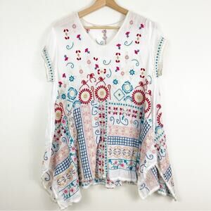 Johnny Was Madhuri Tunic Top Embroidered White Colorful Short Sleeve Small